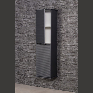 Antracito spalvos vonios lentyna LIBRA su pravertomis viršutinėmis durelėmis, atskleidžiama vidinė lentyna.