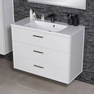 ANTE 100 cm baldas voniai su baltu praustuvu, soninis kampinis vaizdas moderniame interjere