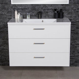 Balta matine vonios spintele ANTE 100 cm su trimis stalciais ir integruotu dolomito praustuvu, vaizdas is priekio