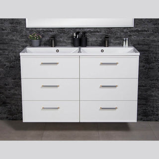 Balta matine vonios spintele ANTE 120 cm su dvigubu praustuvu ir sesiais stalciais, vaizdas is priekio