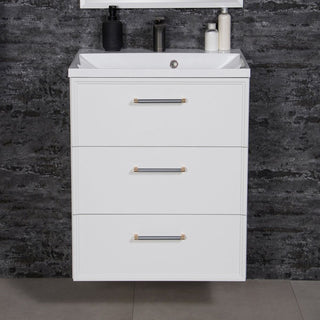 Balta pakabinama vonios spintele ANTE 60 cm su trimis stalciais ir baltu praustuvu, vaizdas is priekio