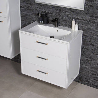 Balta matine vonios spintele ANTE 80 cm su trimis stalciais ir integruotu praustuvu, vaizdas is sono