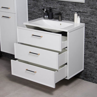 ANTE 80 cm vonios baldas su pilnai atidarytais stalciais ir baltu praustuvu, parodytas talpus vidus