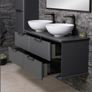 LIBRA antracito spalvos 120 cm pločio vonios spintelė su dviem praustuvėmis ir atidarytais stalčiais.