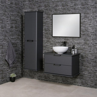 LIBRA vonios baldų komplektas su aukšta spintele, veidrodžiu ir praustuvu.